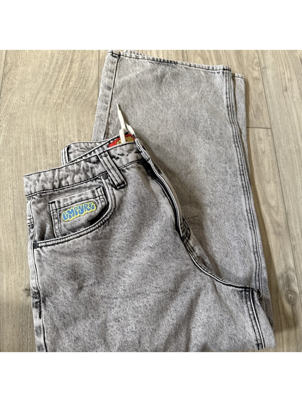 Empyre Loose Fit Wide Skate Jeans Mens 28 Gray Wash Embroidered Logo Streetwear